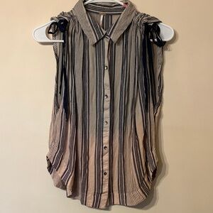 Free People Beige and Navy Striped Sleeveless Button-Down Shirt
